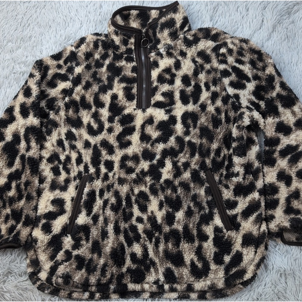 Cozy Sherpa Sweatshirt Womens XL Animal Print Fleece Pockets Half Zip Soft